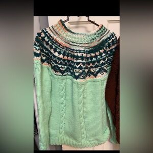 Bright mint green sweater mock neck fairlisel style handknit ladies medium